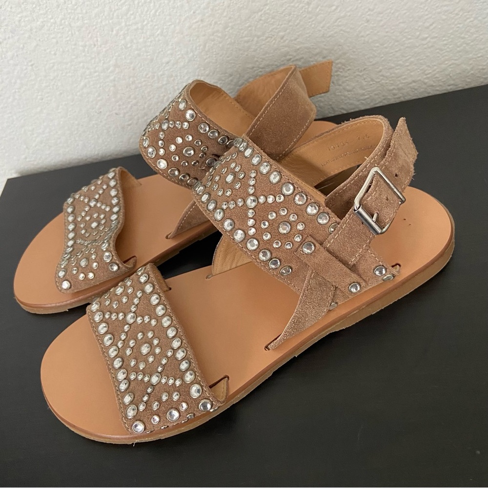 Barbara Barbieri Rhinestone Studded Flat Tan Taube Suede Sandals